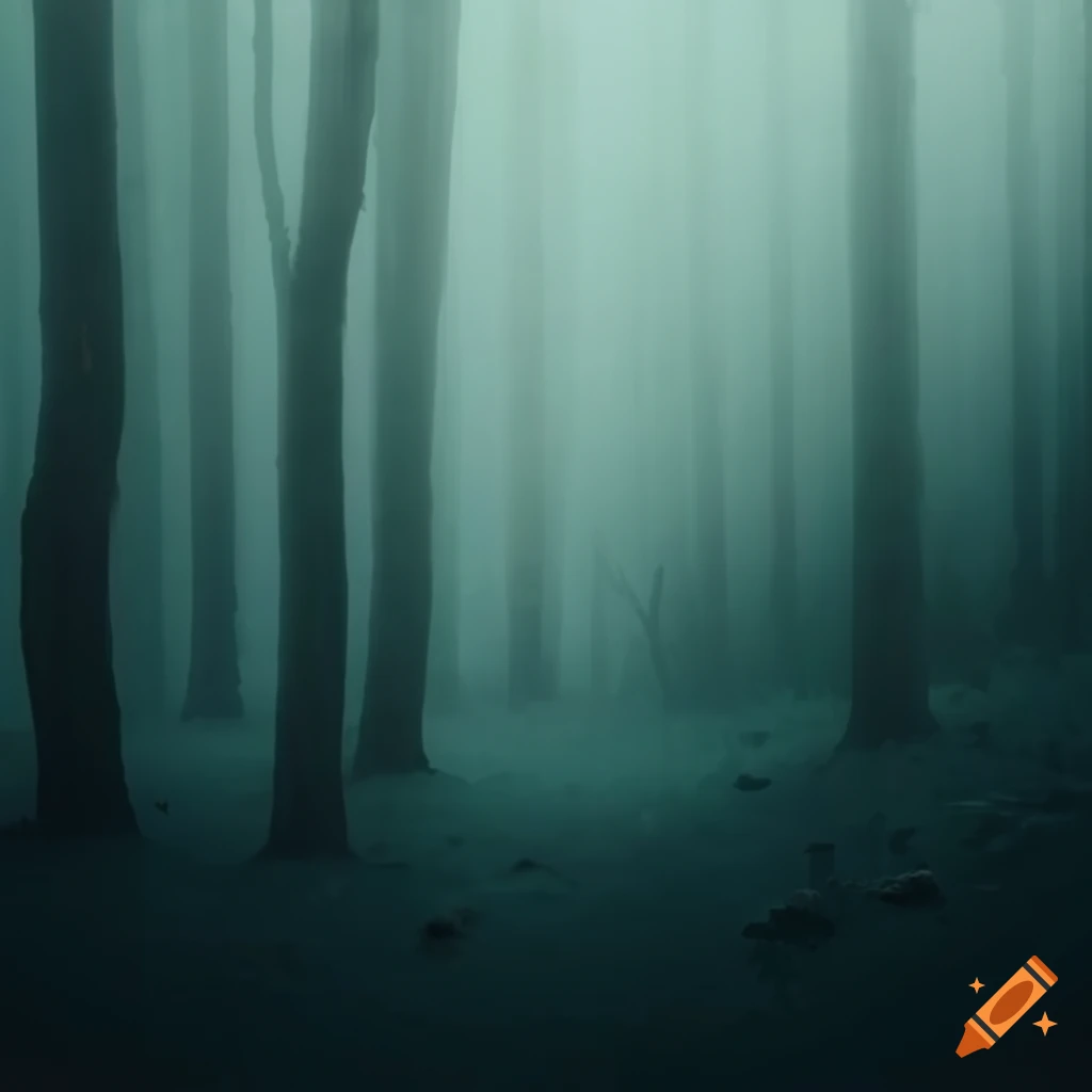 Forest in the fog with shadowy trees