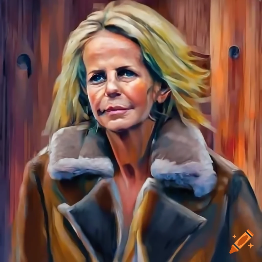 Photorealistic close-up of a woman in a sheepskin bomber jacket and leather trousers standing in a barn doorway