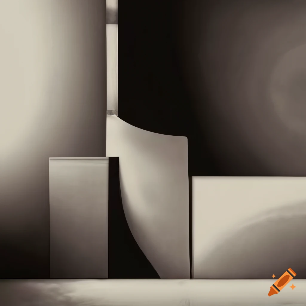 Surrealist art in retro 1950 style with rooms, windows, and strange forms in sky