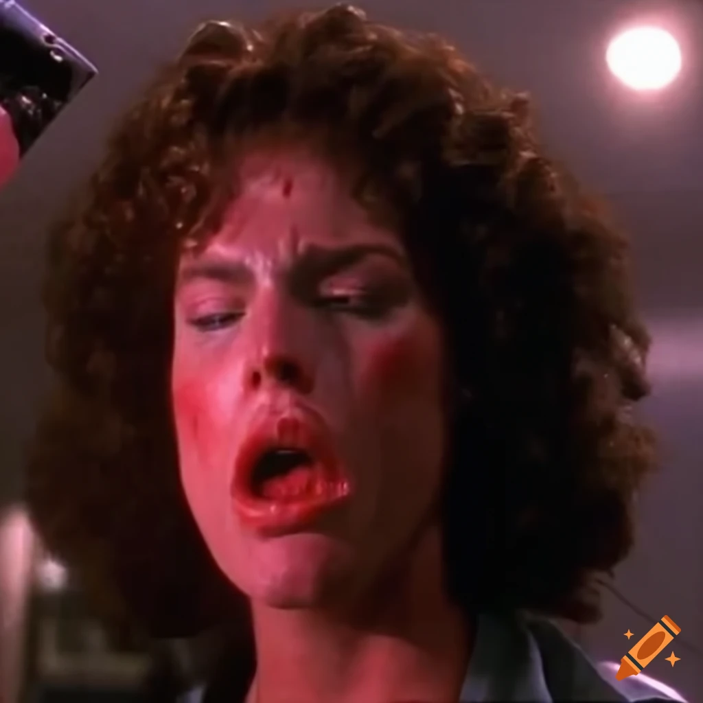 Closeup of a dizzied and bloodied character from a 90's movie