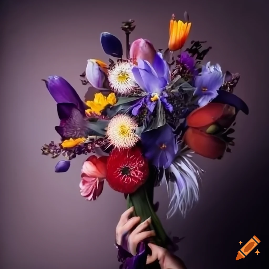 Vibrant bouquet of crocus, borage, poppy, dandelion, and hyssop flowers up-close