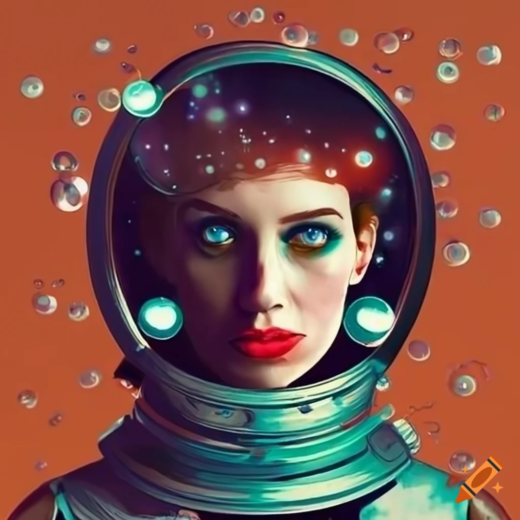 Retrofuturistic astronaut woman in a space suit surrounded by floating