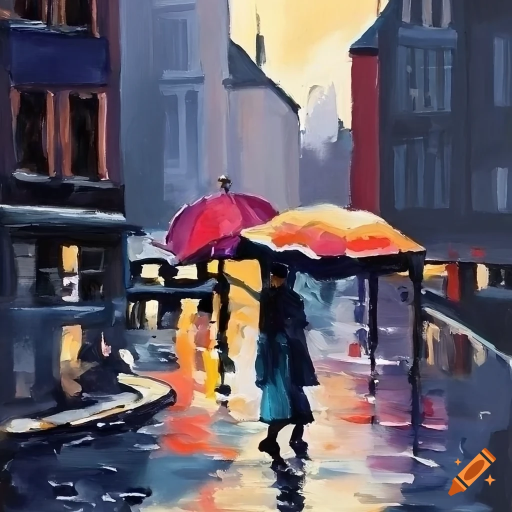 City streets on a rainy day in the style of Otto Mueller
