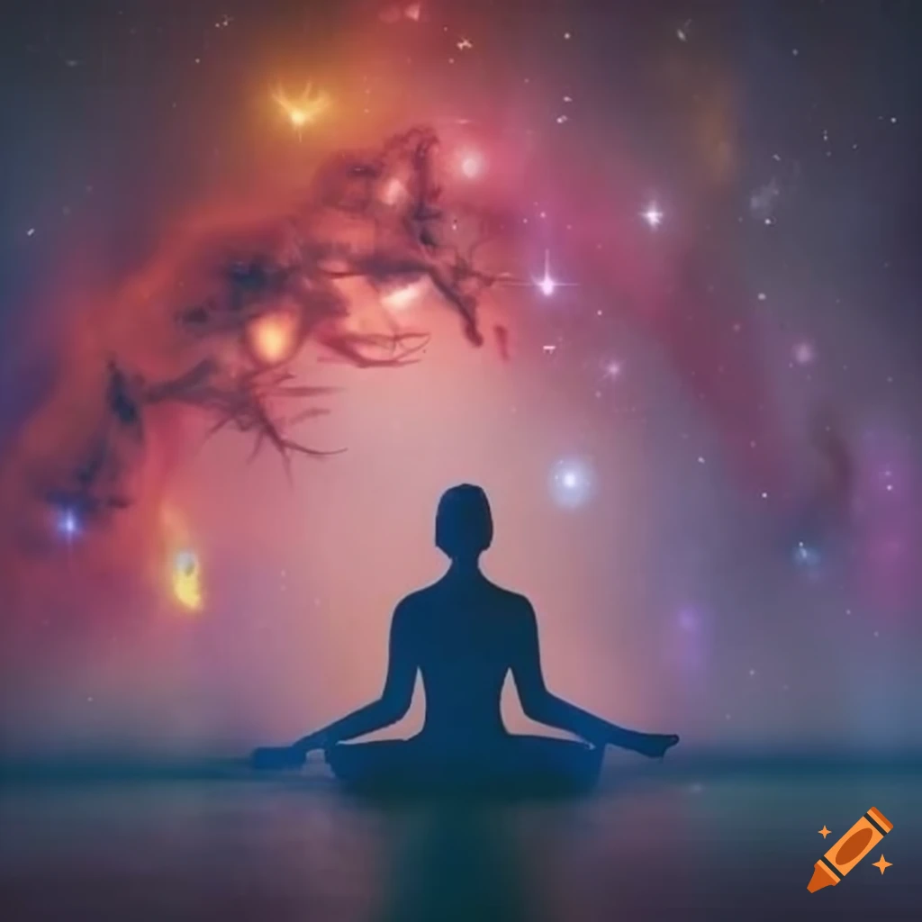 Person in lotus position surrounded by stars and nebulas