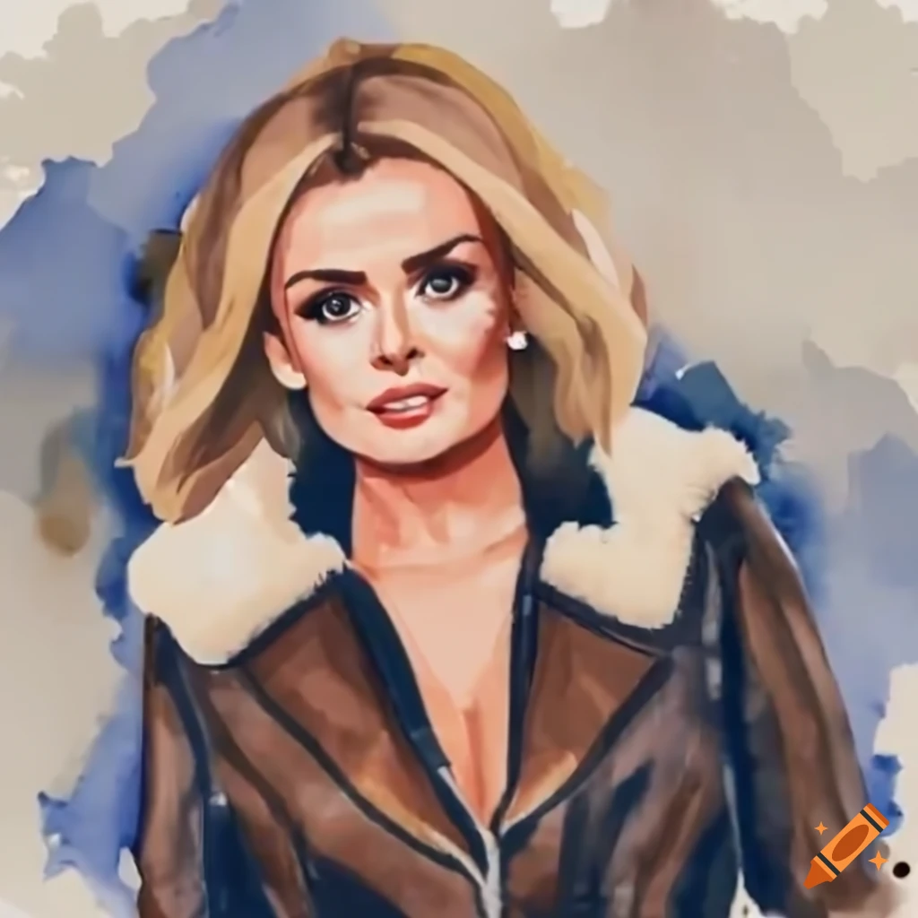 Blonde person in a brown sheepskin bomber jacket and black leather trousers standing in a doorway