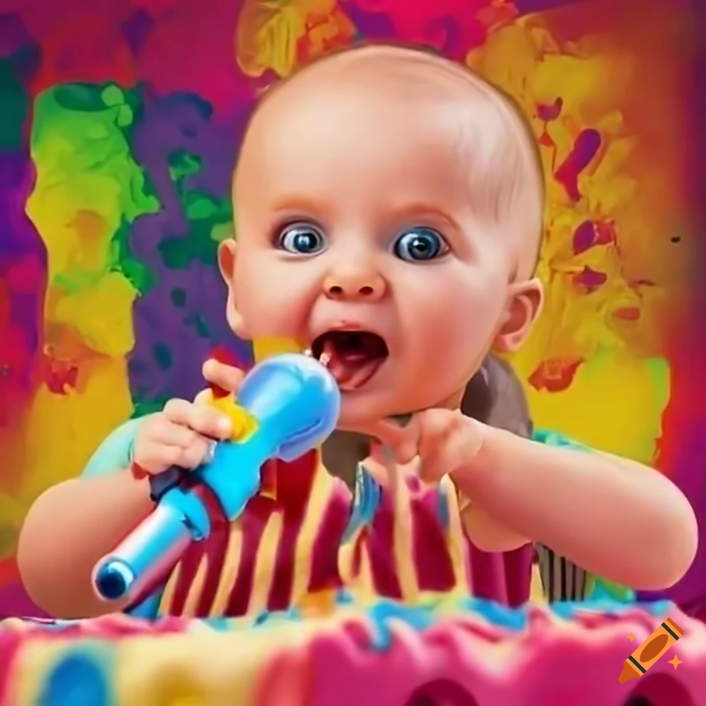 Playful baby with toy microphone on a colorful scene