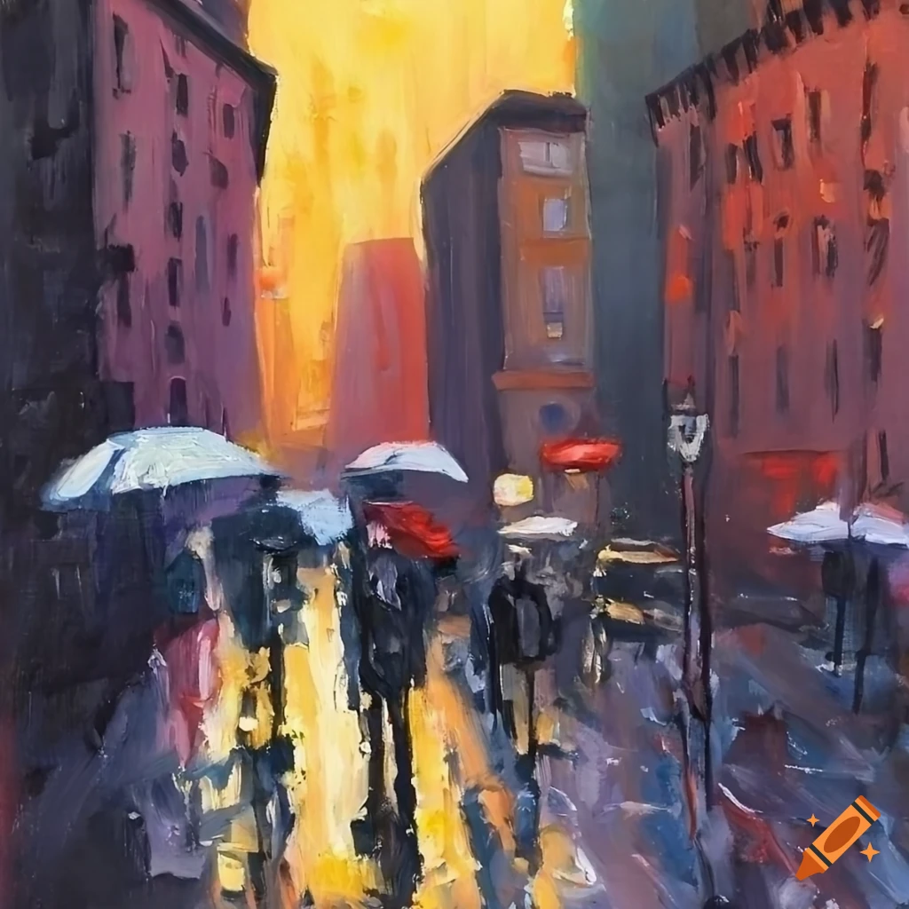 Rainy day city streets painting in Otto Mueller style