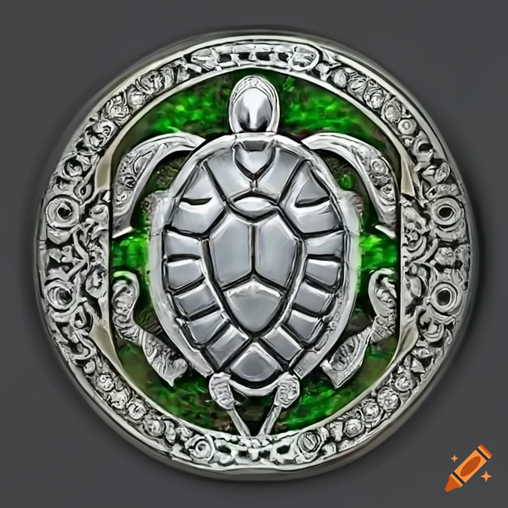 Silver emblem with turtle motif and emerald eyes in a full frame