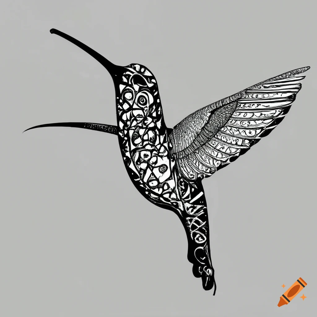Hummingbird zentangle pattern in black and white outline