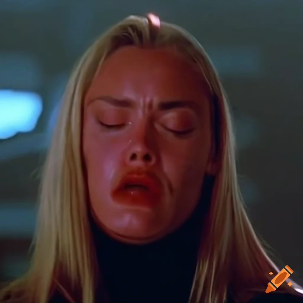 Expressive closeup of a dizzied, disheveled Kristanna Loken movie character