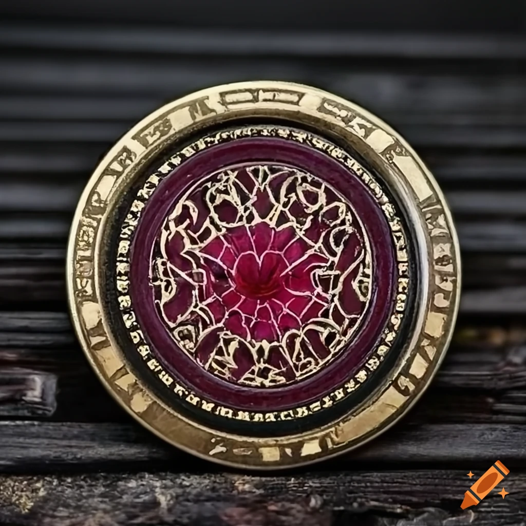 Round iron signet emblem with inlaid rubies in arcane spider motif