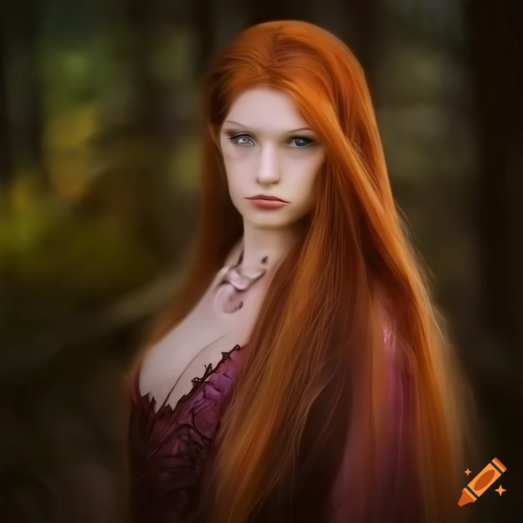 Elven woman with auburn and purple hair in the firefly forest on Craiyon