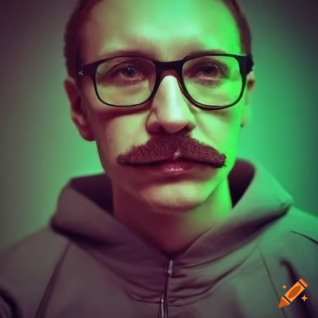 Portrait of a government scientist with a mustache and glasses in 90s style