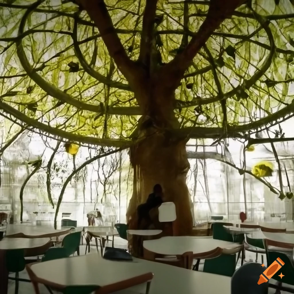 Hospital cafeteria with glass ceiling and trees, doctors in white coats