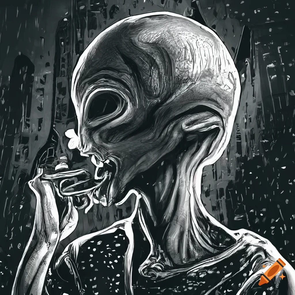 Alien smoking in a rainy city in a dark black and white drawing
