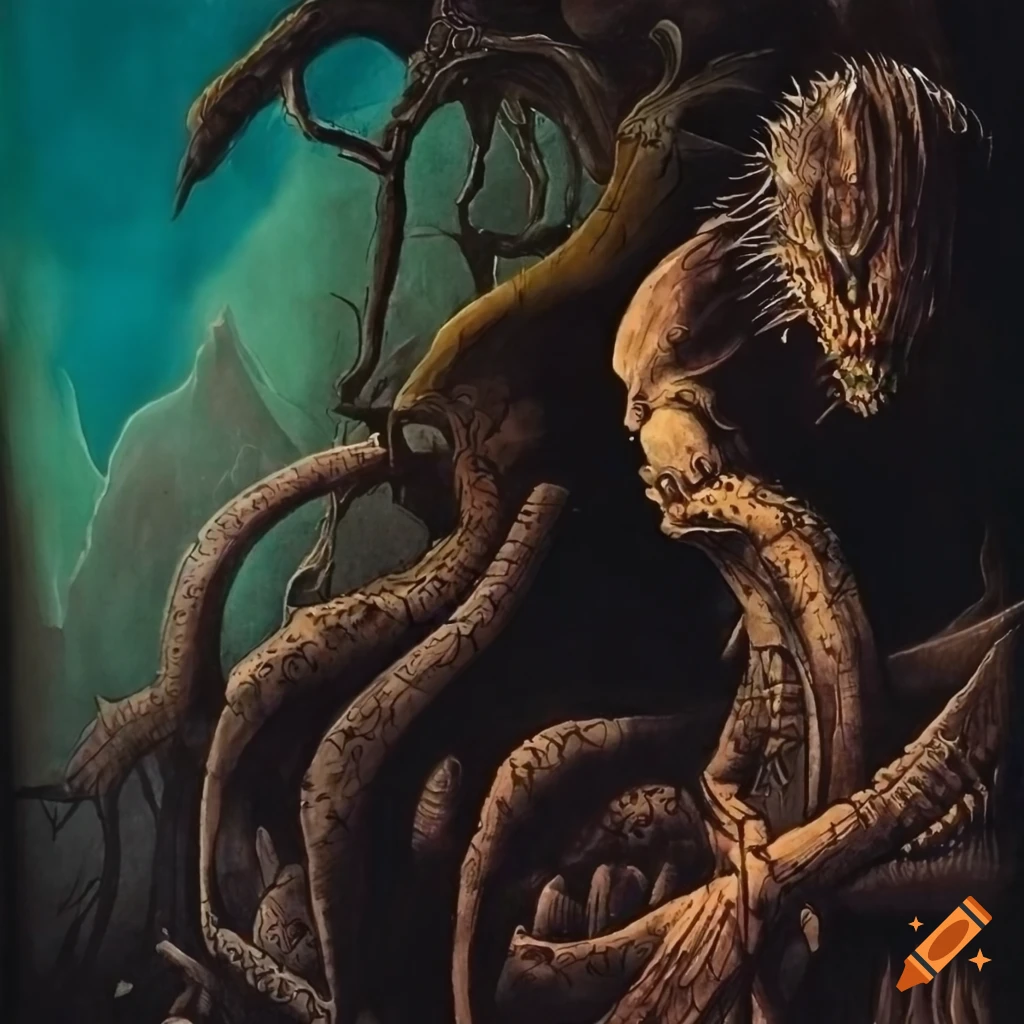 1970s dark fantasy book cover featuring dungeons and dragons style drawing