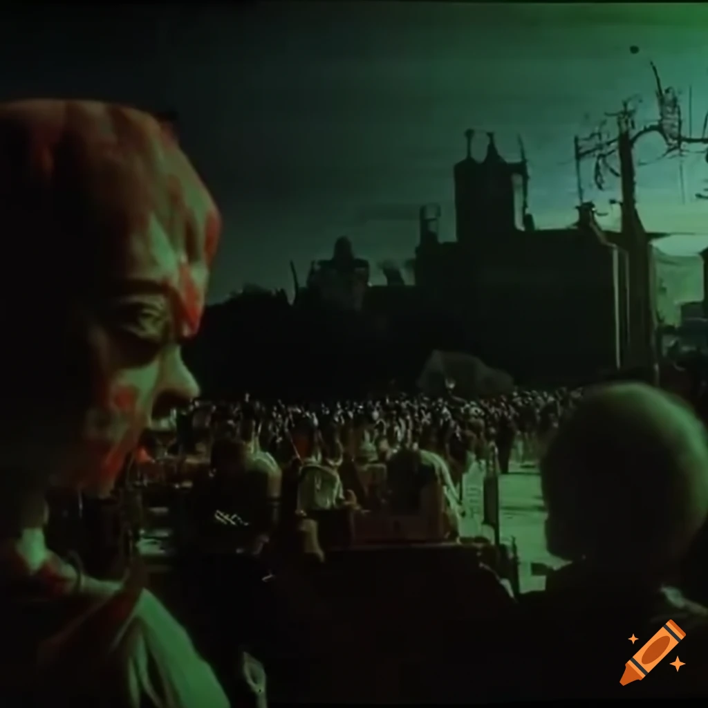 1970's low budget robot zombie movie scene crowd of zombies with robot