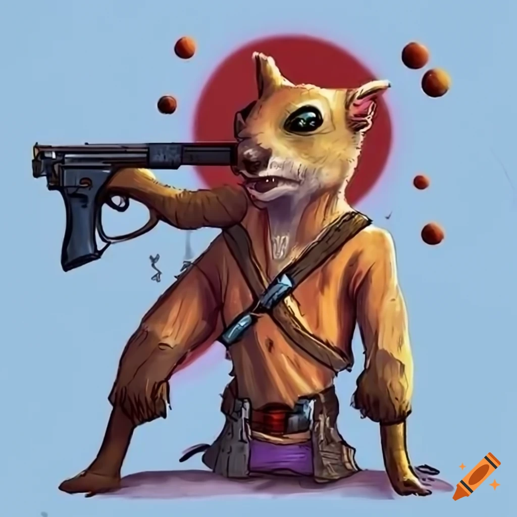 Halfsquirrel halfhuman with a unique paintball gun in a fantasy world