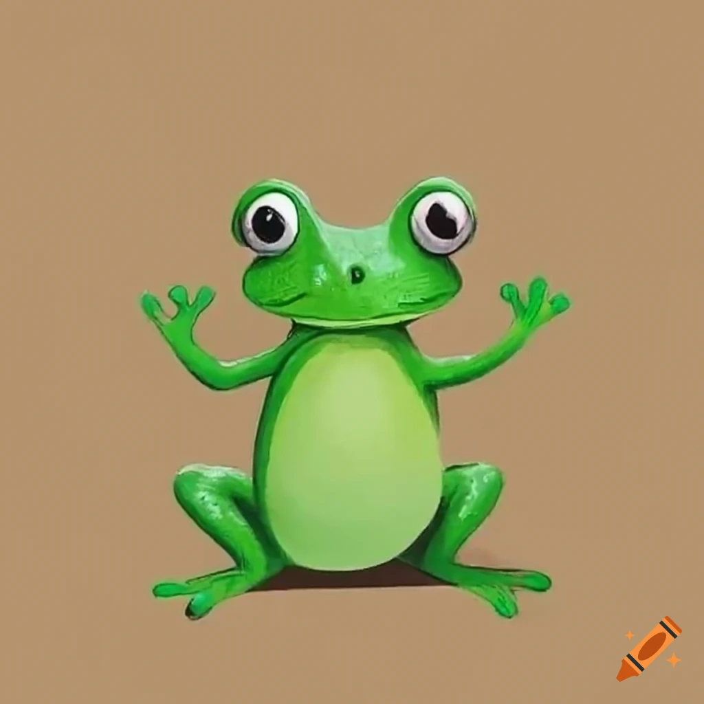 Standing green frog drawn with crayons