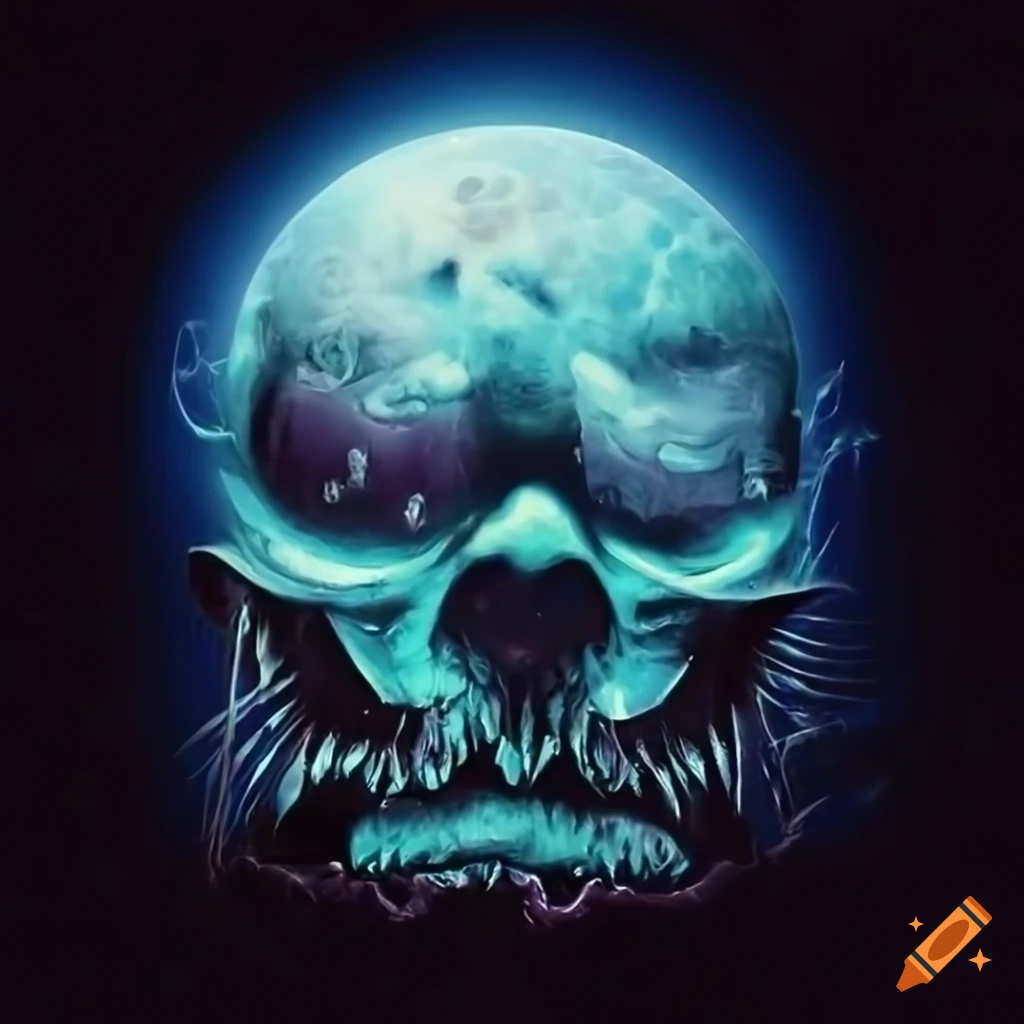 Metal band logo with a monster, fire, and moon in stunning 8K detail