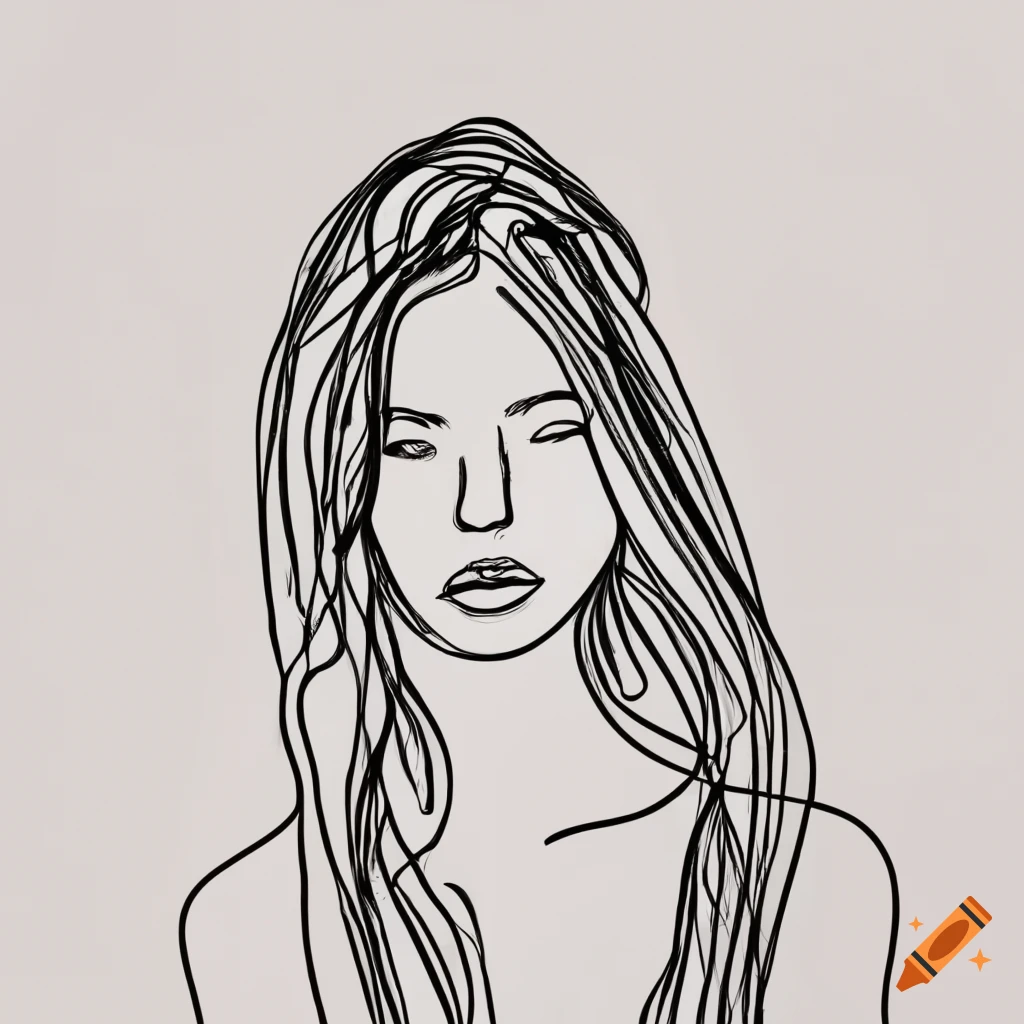 Line drawing of a woman with flowing hair in a graceful pose on white ...