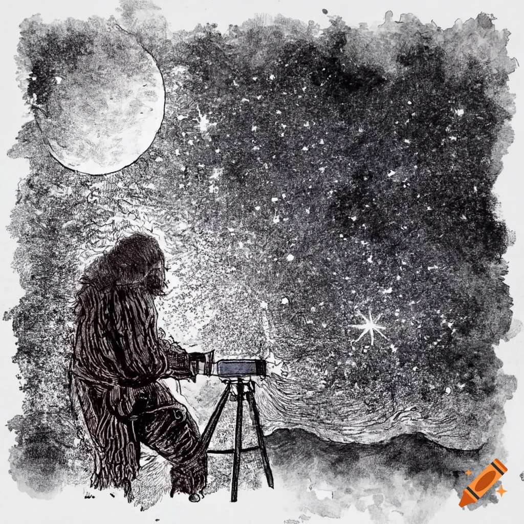 Sasquatch observing the night sky with a telescope in black and white pencil