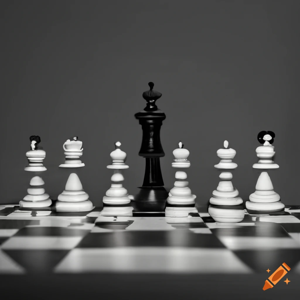 Chessboard scene with the king isolated on one side and other pieces aligned on the opposite side
