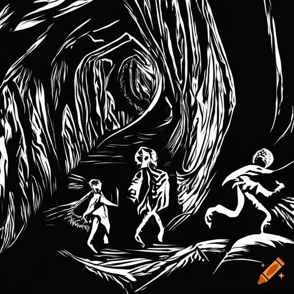Group of explorers lost in a dark cave in a woodcut style drawing