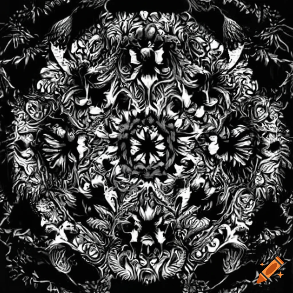 Intricate black and white drawing of war-torn areas