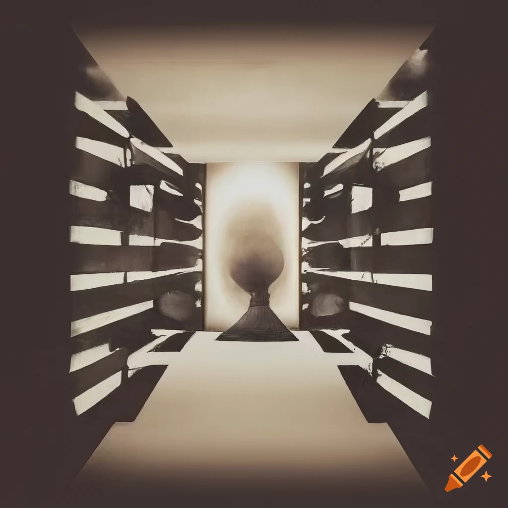 Retro surrealistic art with white-black-grey sepia colors depicting strange forms in rooms and windows