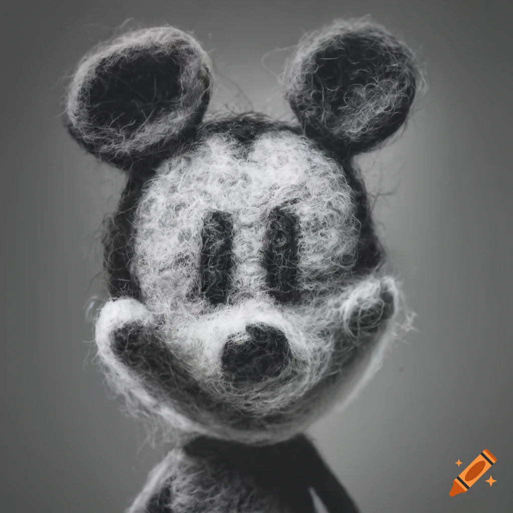 Felted black and white portrait of Mickey Mouse