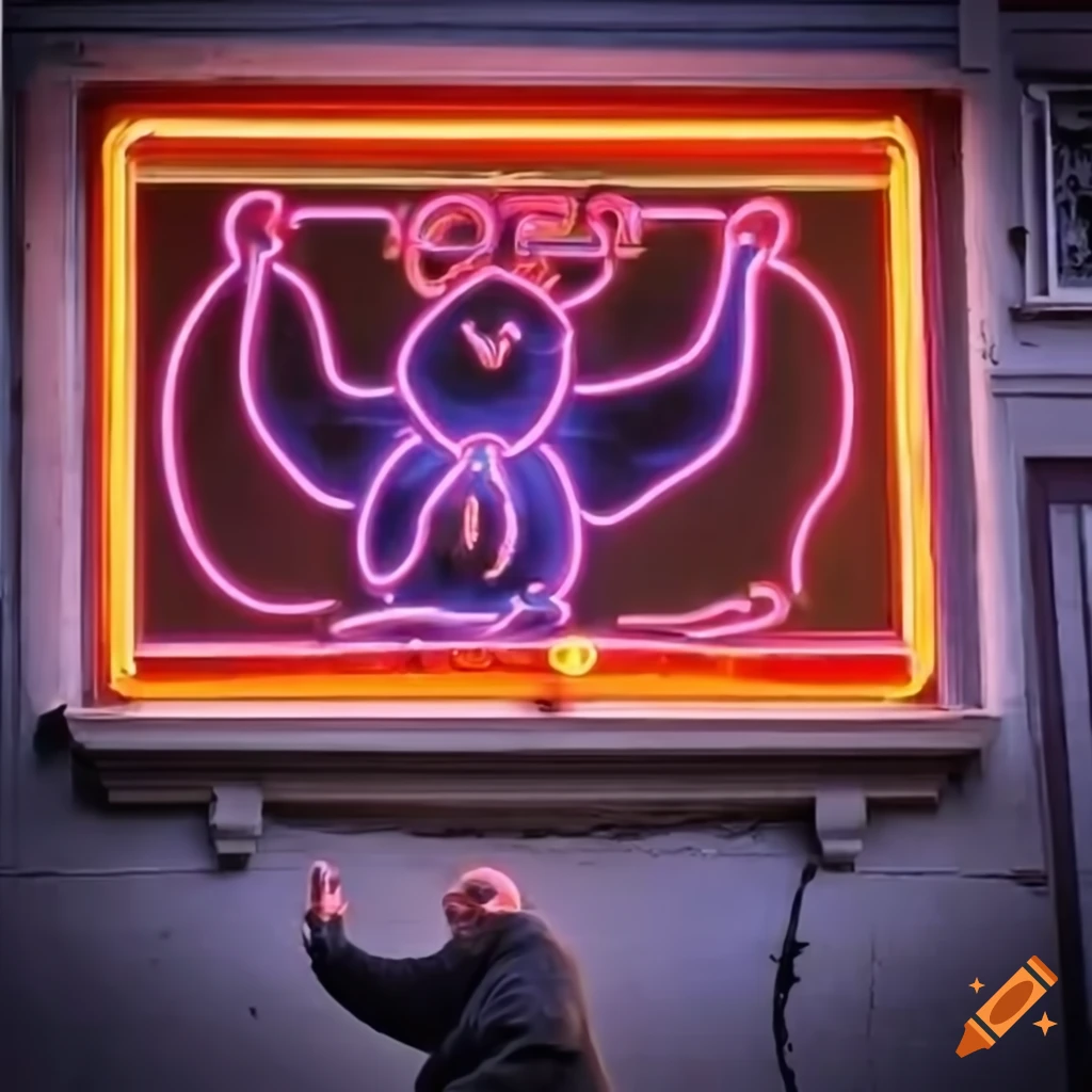 Grinning bald man and monkey's paw neon sign outside a pub