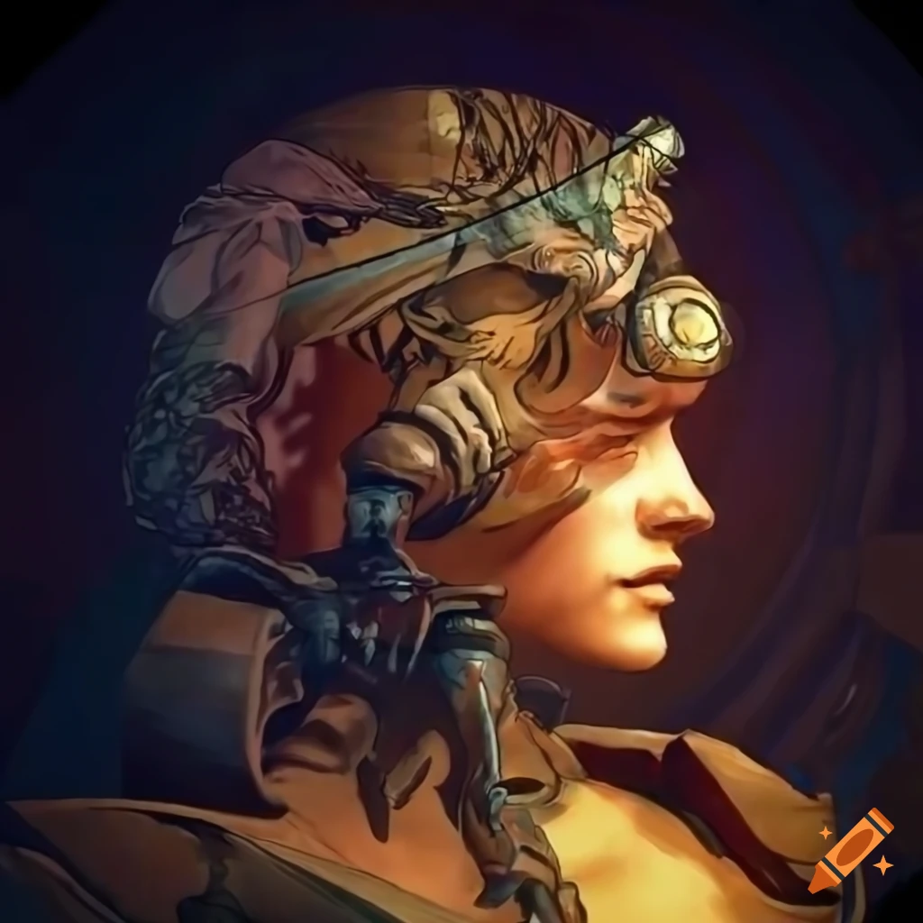 Stunning high-definition stave carvings style art with cinematic mech battle