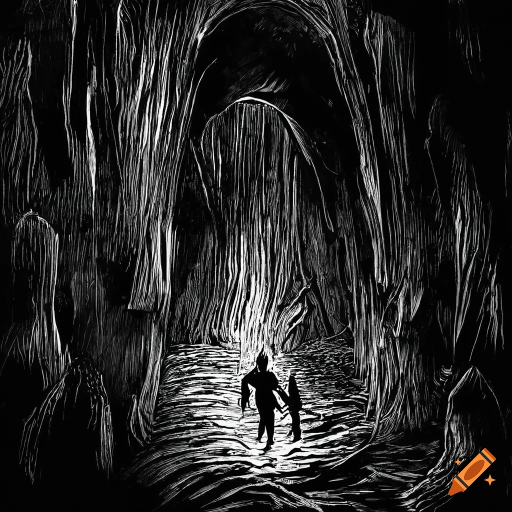 Group of explorers lost in a dark cave in a woodcut style drawing