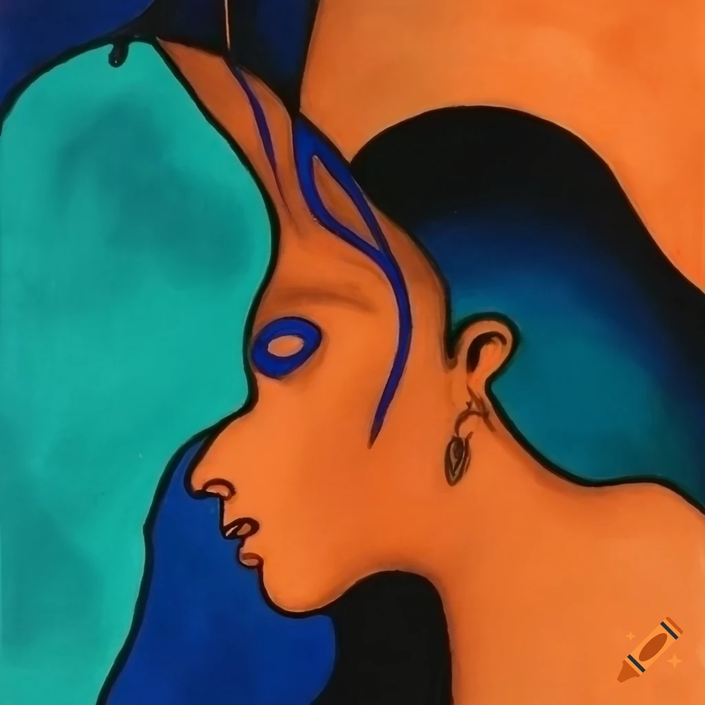 Jungian symbolism in light orange, ultramarine blue, black, and bright teal ink and oil paint