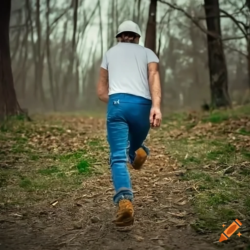 Man in white t-shirt, blue jeans, and black boots running from farmhouse into the forest