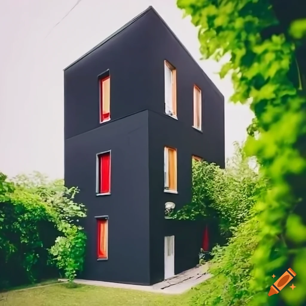 Black box house with green vines and a man in a red shirt next to a white car