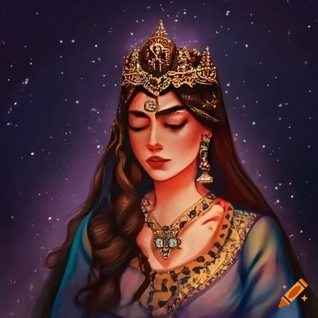 Sultana asleep in a glowing bed, transported to Ladyland under a starry night sky