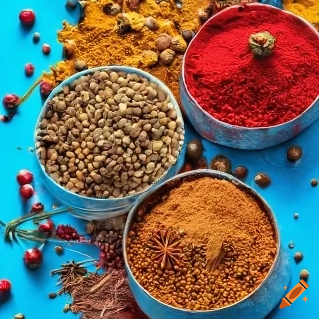 Colorful spices and paprika on a blue table