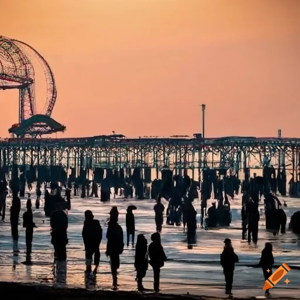 Crowded wooden pier at Coney Island with ladies playing on the seashore