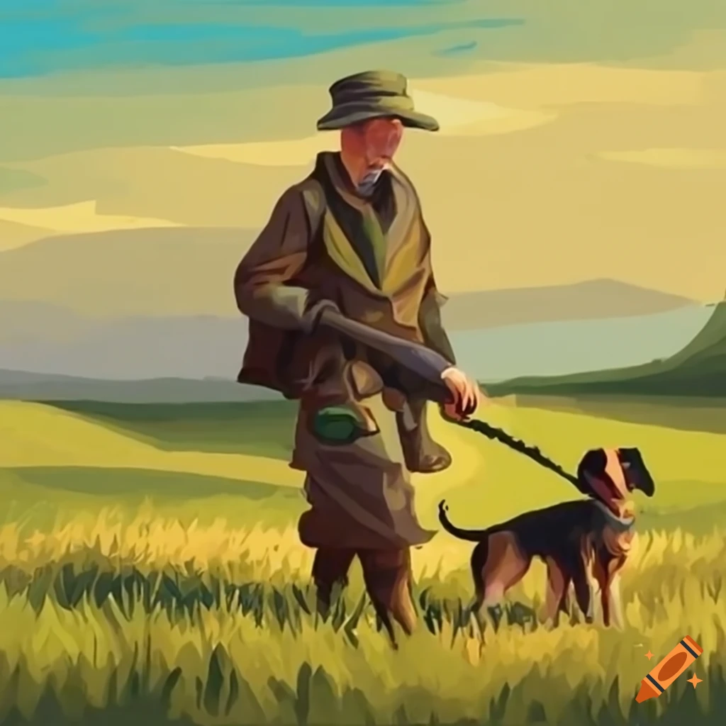 Gamekeeper with dog in a field