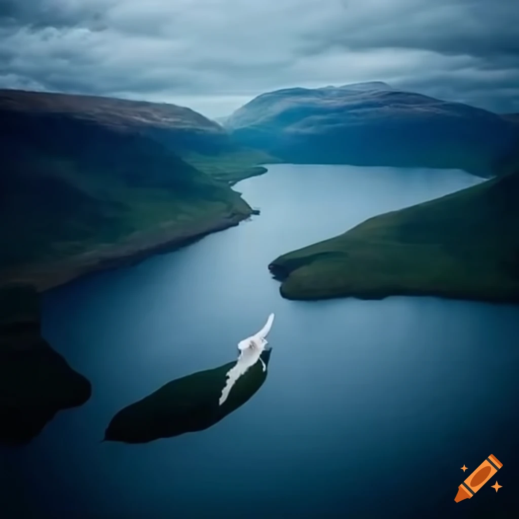 Three people flying on a white dragon over a Scottish loch