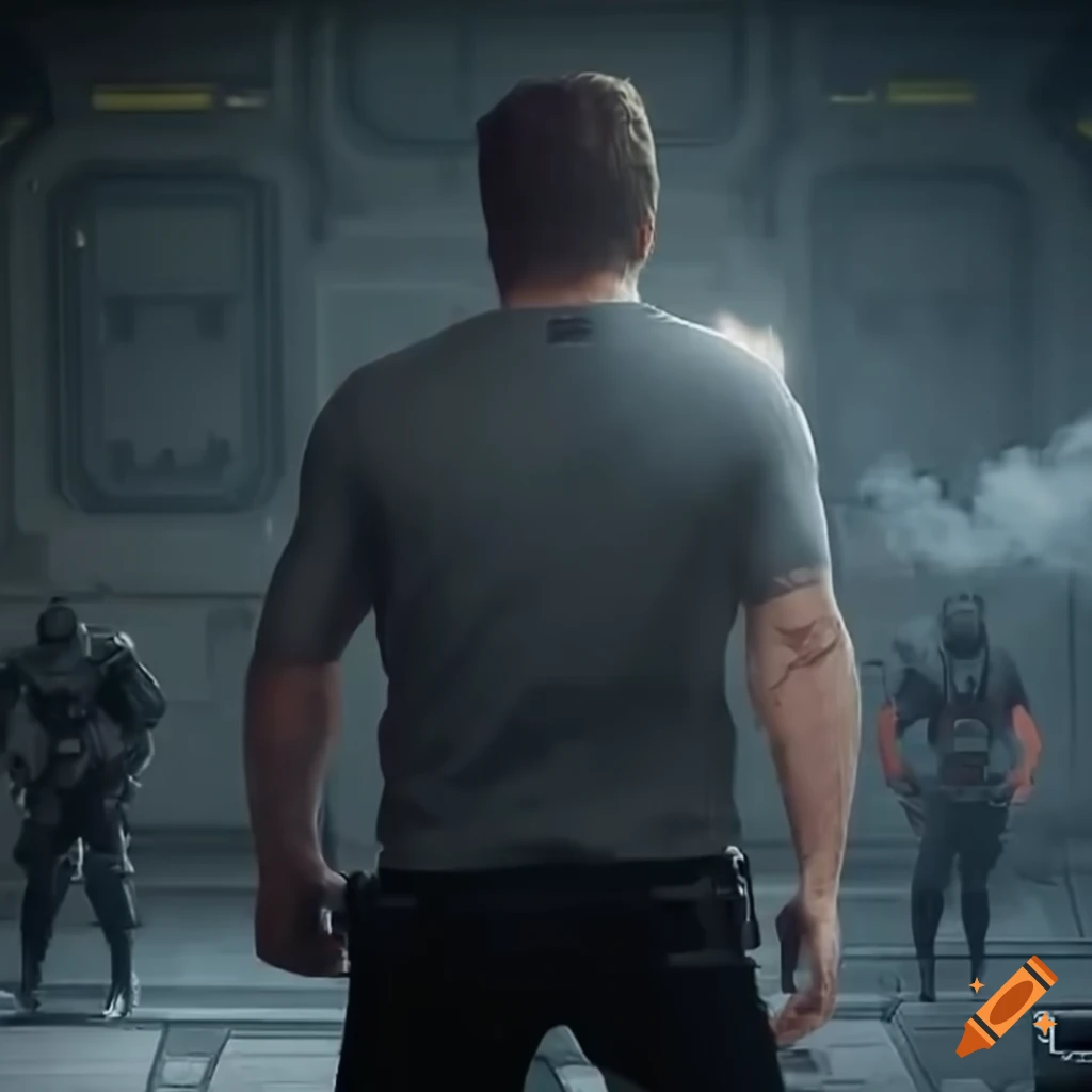 Angry sci-fi man with shotgun shooting fire and smoke in a futuristic room