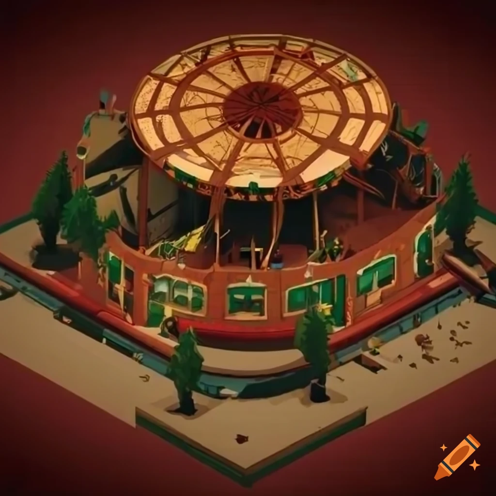Isometric view of an abandoned amusement park