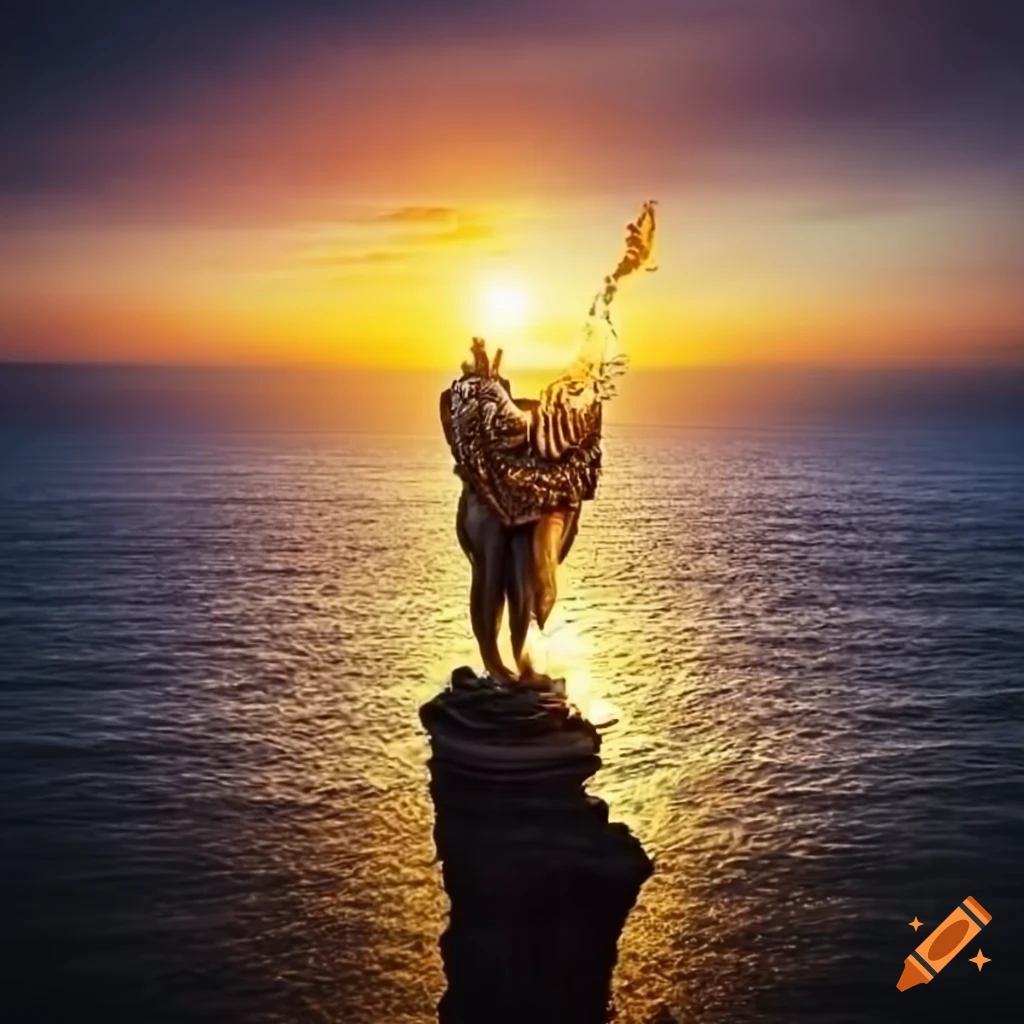 Majestic Helios standing on a cliff overlooking the ocean with golden skin