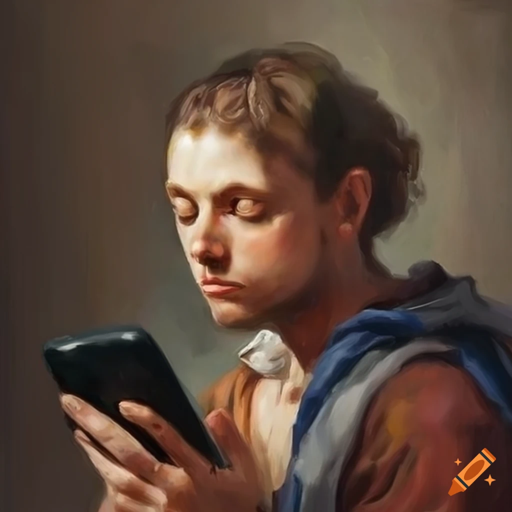 Man waiting for text while sleeping, oil painting