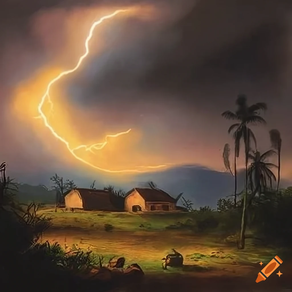 Romanticist-style painting of a colonial coffee plantation in South America during a thunderstorm