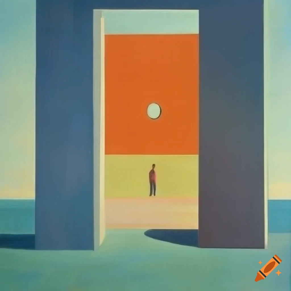 Portal to a seaside dimension by George Tooker with bright colors