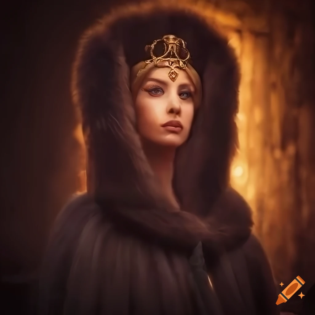 Queen In Fur Cloak At Castle Entrance With Lantern Glow In Heroic queen-in-fur-cloak-at-castle-entrance-with-lantern-glow-in-heroic