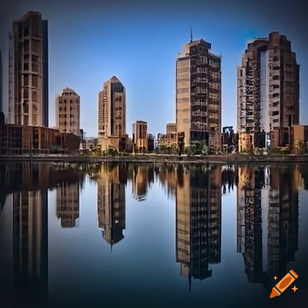 Oasis city with apartments, grocery store, pharmacy, hospital, and deli